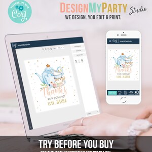 May include: A digital design template for a thank you card featuring a watercolour illustration of a teapot, teacups, and flowers in blue, pink, and gold tones. The text "Thanks for coming! Love, Jessica" is displayed on the card.