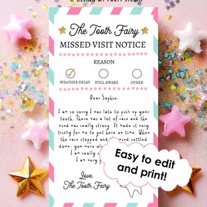 Nota di scuse della fatina dei denti modificabile Nota ufficiale della fatina Avviso di visita persa Dimenticato di venire Lettera della fatina dei bambini Modello digitale stampabile 0526