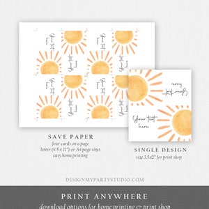 May include: Printable save the date cards with a watercolor sun design. The cards are 3.5 x 2 inches and can be printed at home or at a print shop. The text on the cards says "Your text here".