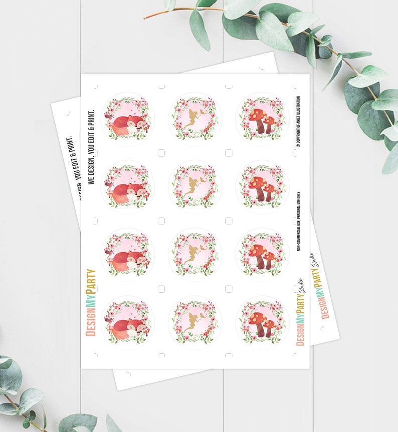 Woodland Fairy Cupcake Toppers Enchanted Forest Birthday Party Decorations Girl Pink Gold Stickers Tags download Digital PRINTABLE 0173 image 3