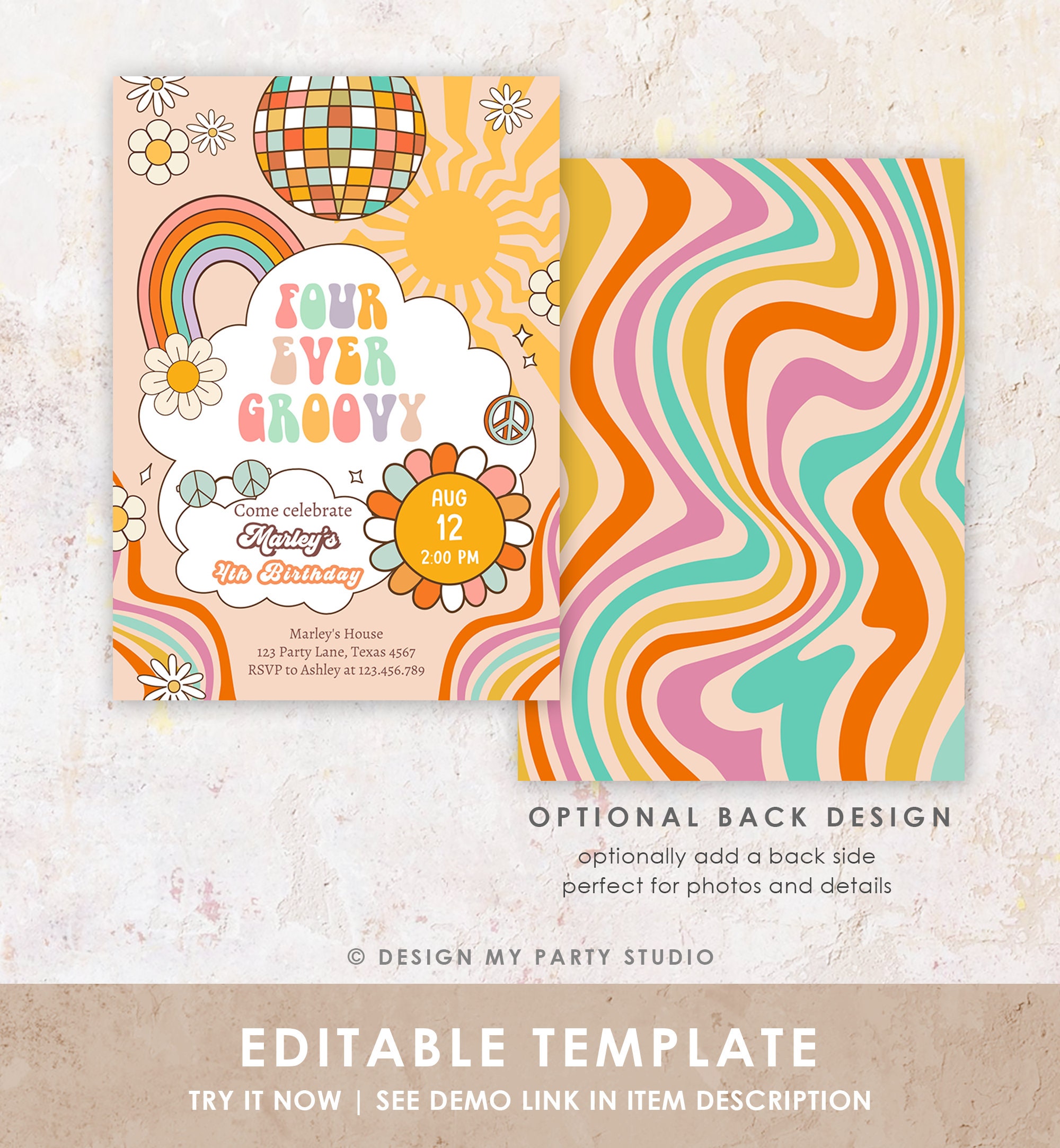 Editable Four Ever Groovy Birthday Invitation 4th Birthday Retro ...