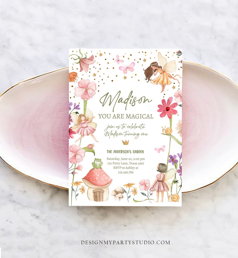 May include: A pink and green fairy-themed first birthday party invitation with gold glitter and butterflies. The invitation says "Madison You Are Magical Join us to celebrate Madison turning one The Anderson's Garden Saturday, June 22, 2:00 pm 123 Party Lane, Texas 4567 RSVP to Ashley at 123.456.789"