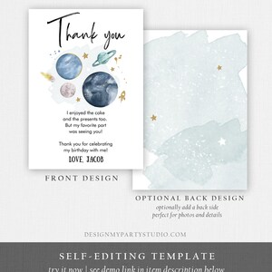 May include: A two-sided invitation card with a space theme. The front features planets, stars, and a rocket illustration with the text "Thank you." The back has a watercolor wash design. The card includes the text "I enjoyed the cake and the presents too."