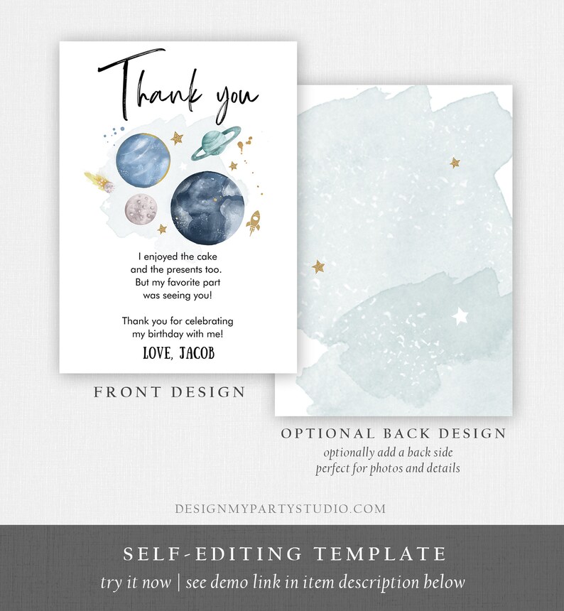 May include: A two-sided invitation card with a space theme. The front features planets, stars, and a rocket illustration with the text "Thank you." The back has a watercolor wash design. The card includes the text "I enjoyed the cake and the presents too."