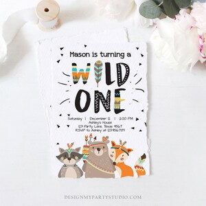 Editable Tribal Wild One Birthday Invitation Boho Woodland Animals Boy ...