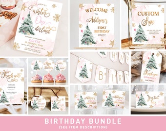 Winter ONEderland Geburtstag Bundle Weihnachten Mädchen Pink Gold 1. Geburtstag Baum Schneeflocken Aquarell druckbare Corjl Vorlage 0363