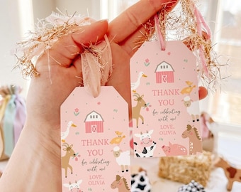 Farm Animals Favor Tag, Pink Barnyard Birthday, Girl Party Thank You (Editable, Printable) 0436