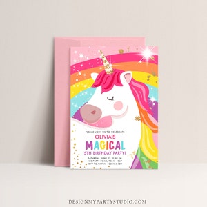 Editable Unicorn Birthday Invitation Magical Unicorn Party Girl Pink Gold Unicorn Invite Rainbow Printable Corjl Template Digital 0323 image 3