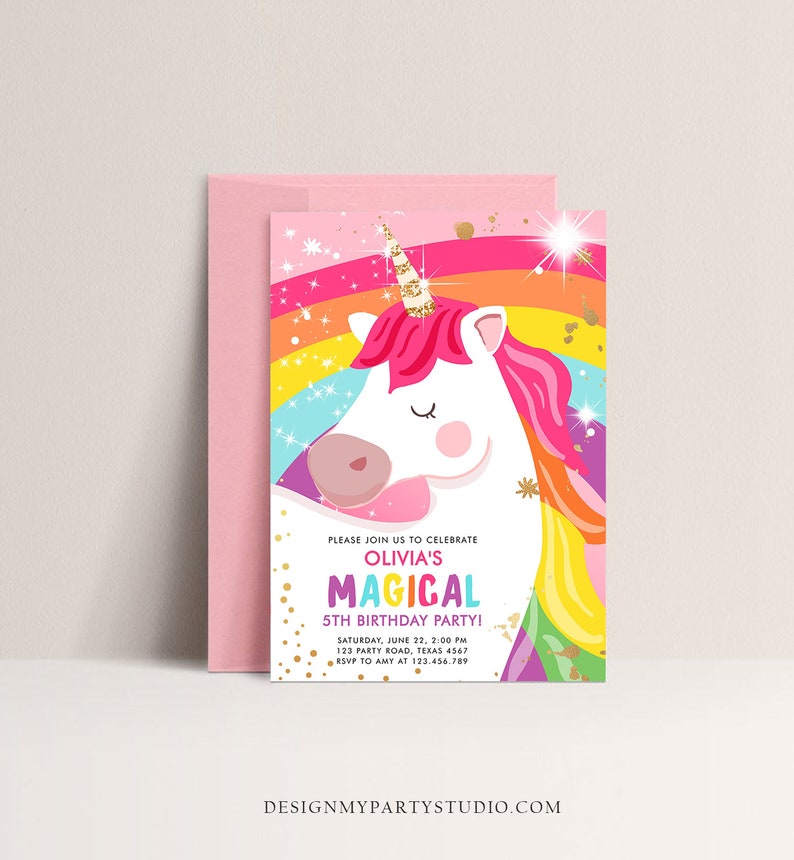 Editable Unicorn Birthday Invitation Magical Unicorn Party Girl Pink Gold Unicorn Invite Rainbow Printable Corjl Template Digital 0323 image 3