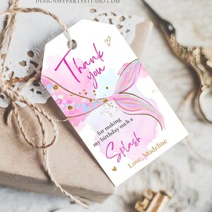 Bearbeitbare Mermaid Birthday Favor Tag Unter dem Meer Danke Tag Mermaid Party Girl Pool Party Rosa Download Vorlage Digital Printable 0403