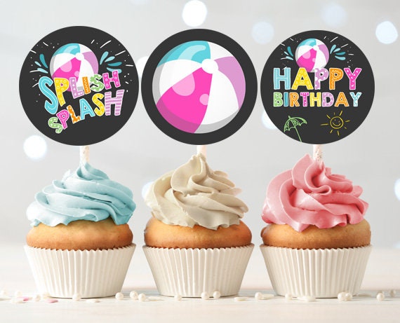 Pool Party Cupcake Toppers Favor Tags Girl Pool Birthday Party Decoration Summer Birthday Pink Splish Splash download Digital PRINTABLE 0169 Il_570xn