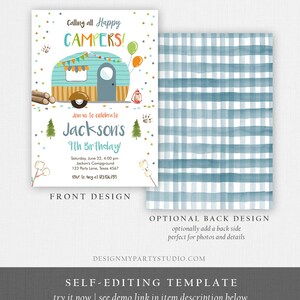 May include: A printable invitation for a 9th birthday party with a camping theme. The invitation features a cartoon camper van with a blue and green color scheme. The text on the invitation reads "Calling all Happy Campers!" and "Jackson's 9th Birthday!"