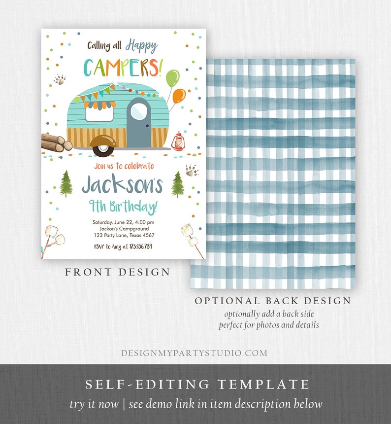 May include: A printable invitation for a 9th birthday party with a camping theme. The invitation features a cartoon camper van with a blue and green color scheme. The text on the invitation reads "Calling all Happy Campers!" and "Jackson's 9th Birthday!"
