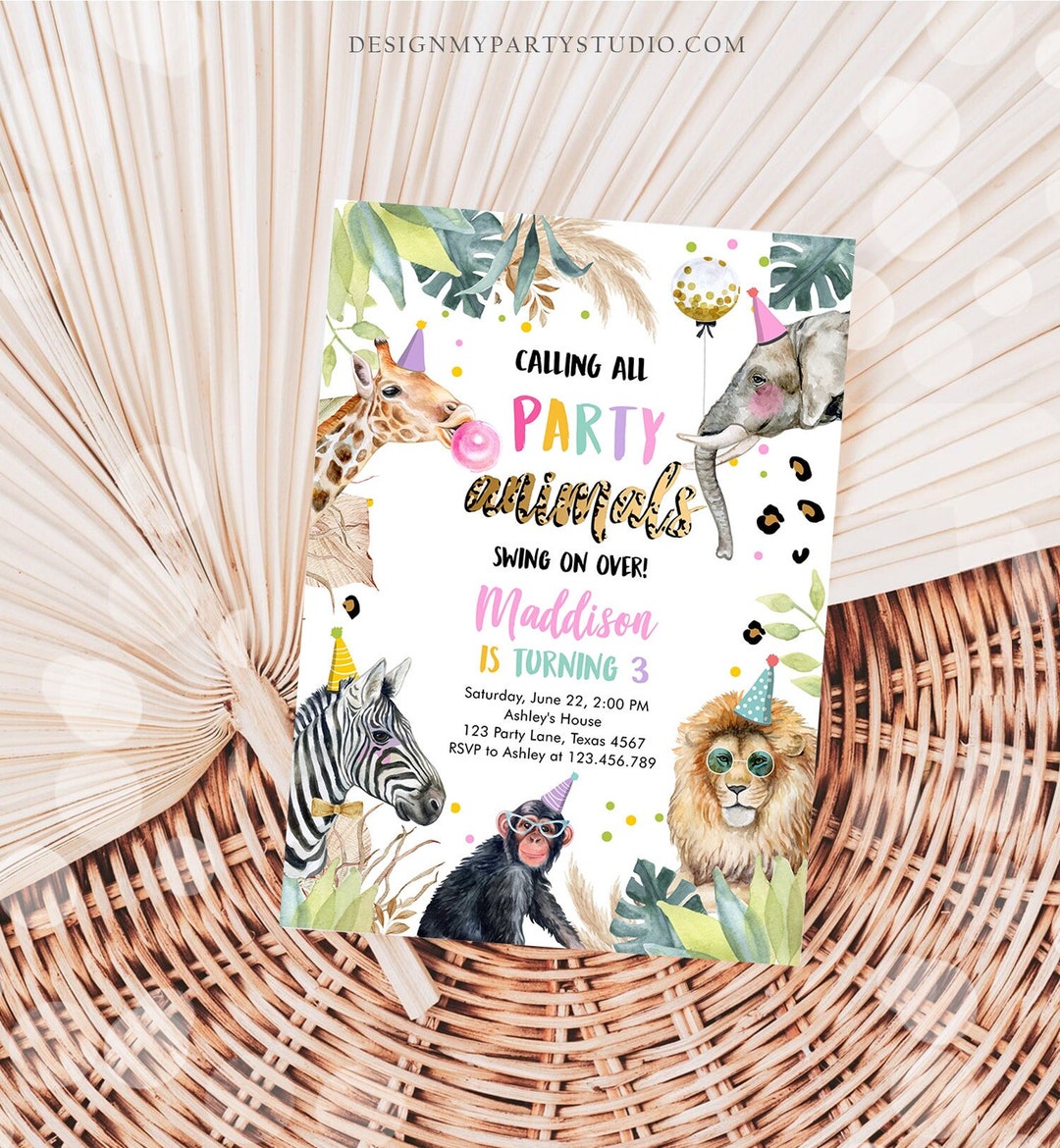 Editable Party Animals Birthday Invitation Leopard Print Safari Animals ...