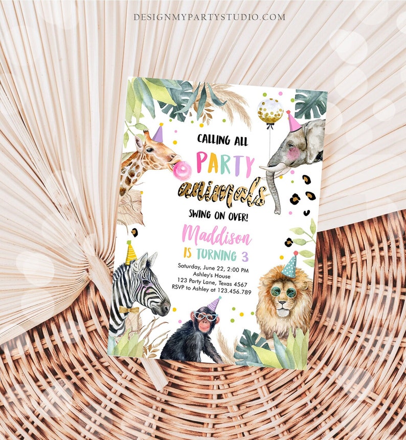 May include: A colorful party invitation with a jungle theme. The invitation features a giraffe, zebra, lion, and monkey wearing party hats. The text on the invitation reads "Calling all party animals! Swing on over! Maddison is turning 3. Saturday, June 22, 2:00 PM. Ashley's House. 123 Party Lane, Texas 4567. RSVP to Ashley at 123.456.789"