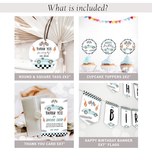 May include: A set of printable party decorations for a racing themed birthday party. The set includes round and square tags, cupcake toppers, and a banner with flags. The decorations feature a blue race car with flames and a checkered flag pattern.