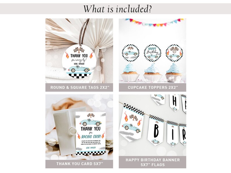 May include: A set of printable party decorations for a racing themed birthday party. The set includes round and square tags, cupcake toppers, and a banner with flags. The decorations feature a blue race car with flames and a checkered flag pattern.