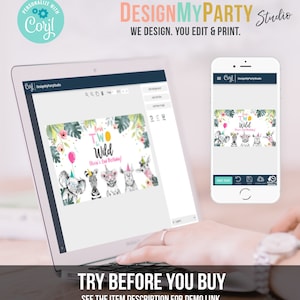 Peut inclure: Un &eacute;cran d'ordinateur portable affichant un mod&egrave;le de conception pour une invitation de f&ecirc;te d'anniversaire sur le th&egrave;me de la jungle. Le mod&egrave;le pr&eacute;sente une illustration color&eacute;e d'animaux, dont un z&egrave;bre, un &eacute;l&eacute;phant et une girafe, avec le texte "Be Two Wild" et "Olivia's 2nd Birthday". L'&eacute;cran d'un t&eacute;l&eacute;phone portable affiche le m&ecirc;me mod&egrave;le de conception.