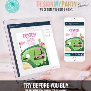 May include: A customizable golf-themed sign with a pink golf cart and green grass. The sign says "Custom Sign" and "Add any text you like, design & print unlimited signs".