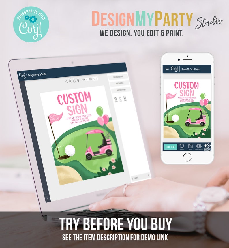 May include: A customizable golf-themed sign with a pink golf cart and green grass. The sign says "Custom Sign" and "Add any text you like, design & print unlimited signs".