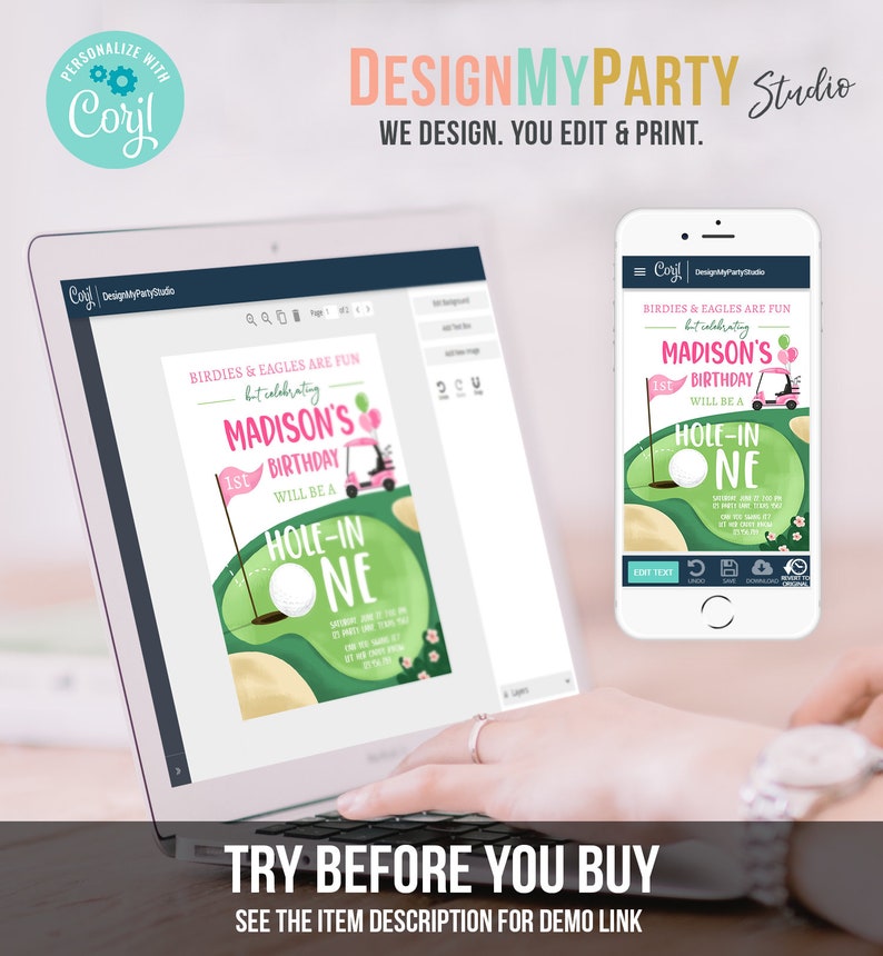 May include: A laptop and smartphone showing a golf-themed birthday party invitation. The design includes a golf course, golf ball, flag, and golf cart. Text reads "Madison's 1st Birthday" and "Hole-in-One". The image also includes the text "Try Before You Buy".