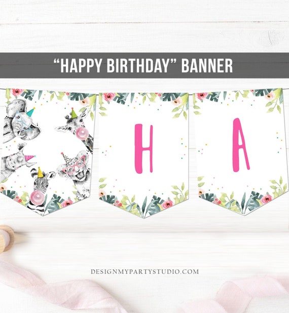 Safari Animals Happy Birthday Banner Pink Party Animals Wild One Birthday Girl Zoo Decorations Instant Digital Download Printable 0322