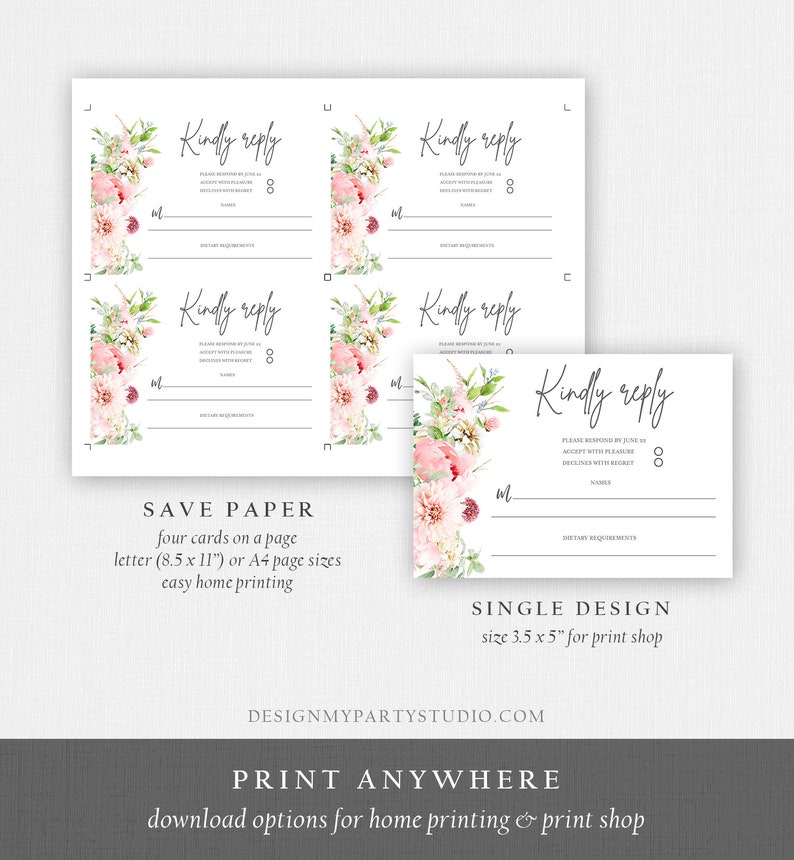 Editable Botanical Flowers Wedding Invitation Suite Set Watercolor Peony Pink Floral RSVP Details Boho Digital Corjl Template Printable 0167 image 8