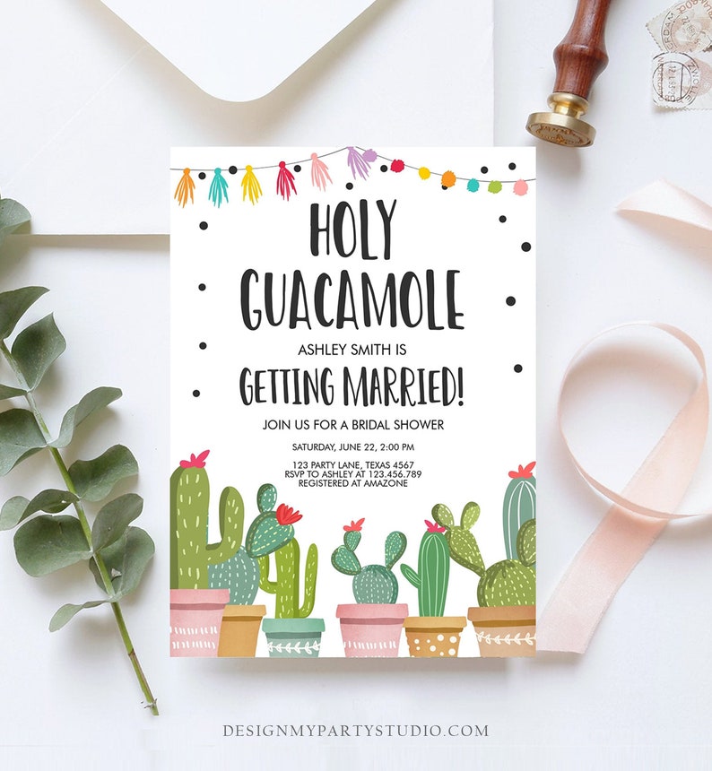 Editable Holy Guacamole Bridal Shower Invitation Fiesta Couples Shower Cactus Succulent Mexican Download Corjl Template Printable 0254 image 2