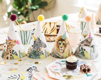 Safari Animal Party Hats, Zoo Birthday Decor, Lion Elephant Giraffe Zebra, Printable 0417