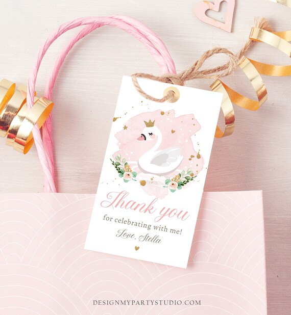 Editable Floral Swan Birthday Favor Tags Thank You Tags Princess Swan Girl Pink Gold Birthday Gift Tag Decor Digital Corjl Template 0382 Il_570xn