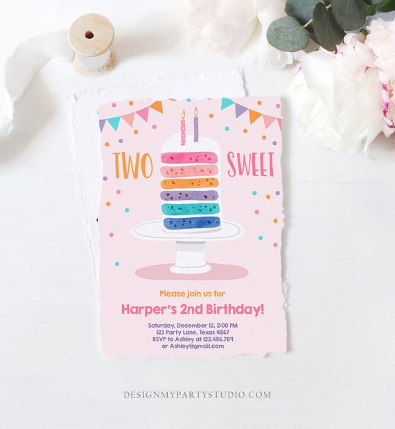 Editable Two Sweet Birthday Invitation Girl Rainbow Cake Invite Girls 2nd Birthday Pink Download Printable Invitation Template Corjl 0121 Il_570xn
