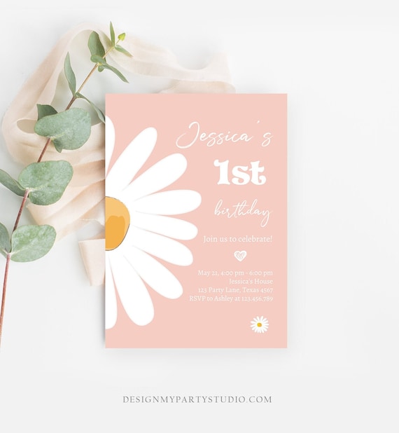 Editable Daisy Birthday Party Invitation 1st Birthday One Party