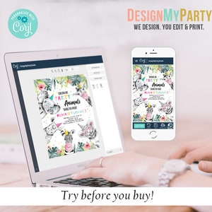 Op de afbeelding: Een laptopscherm toont een kleurrijke feestuitnodiging met de tekst "Celebrate Party Animals" en een schattige illustratie van dieren. De uitnodiging wordt bewerkt op een website genaamd "DesignMyParty Studio".