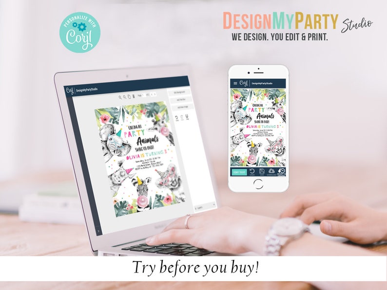 Op de afbeelding: Een laptopscherm toont een kleurrijke feestuitnodiging met de tekst "Celebrate Party Animals" en een schattige illustratie van dieren. De uitnodiging wordt bewerkt op een website genaamd "DesignMyParty Studio".
