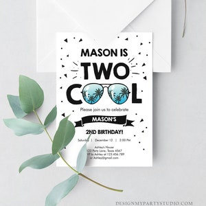 Editable Two Cool Birthday Invitation Boy Second Birthday Party 2nd I'm this Many I'm Two Cool Sunglasses Palm Printable Corjl Template 0136 image 2