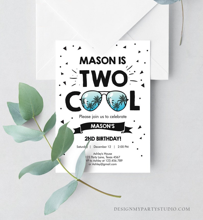 Editable Two Cool Birthday Invitation Boy Second Birthday Party 2nd I'm this Many I'm Two Cool Sunglasses Palm Printable Corjl Template 0136 image 2