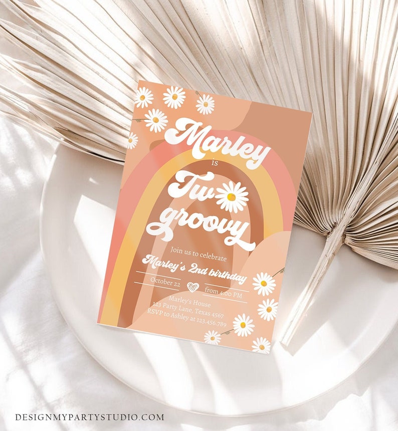 May include: A party invitation with a retro design. The invitation features the text "Marley is Two Groovy" with a rainbow and daisy accents. Additional text includes party details and RSVP information.