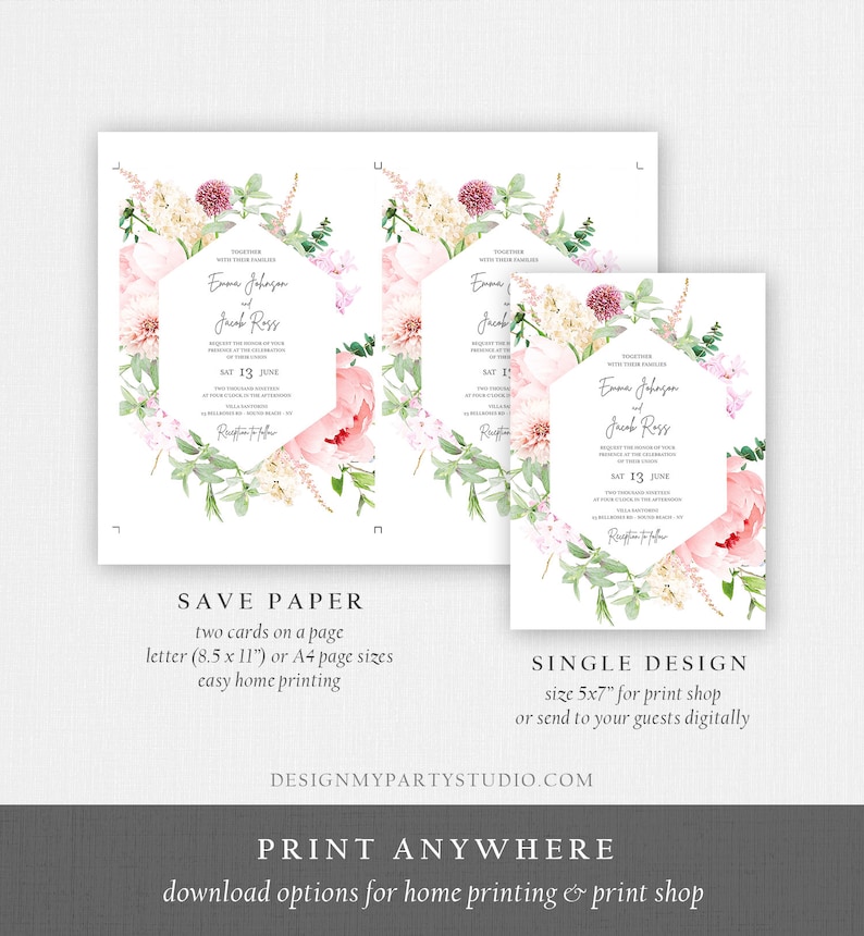 Editable Botanical Flowers Wedding Invitation Suite Set Watercolor Peony Pink Floral RSVP Details Boho Digital Corjl Template Printable 0167 image 5