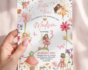 May include: A rectangular birthday invitation card featuring watercolor illustrations of fairies, flowers, butterflies, a snail, a frog, and a mushroom house. The text reads: Let's flutter & twirl to celebrate the birthday girl Madison is turning 3.