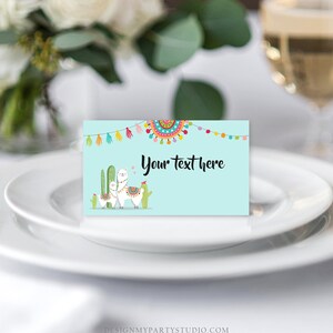 Editable Llama Food Labels Llama Fiesta Mexican Place Card Birthday Party Baby Shower Tent Card Escort Card Blue boy Corjl Template 0079 image 2