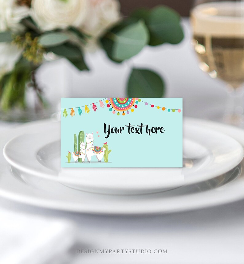 Editable Llama Food Labels Llama Fiesta Mexican Place Card Birthday Party Baby Shower Tent Card Escort Card Blue boy Corjl Template 0079 image 2