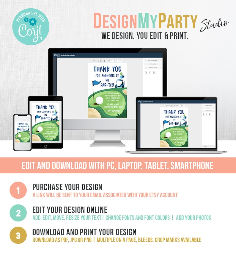 May include: A digital design template with the text "Thank You for Swinging by My Par-Tee!" displayed on a computer, tablet, and phone. The design features a golf course illustration and the DesignMyParty Studio logo.