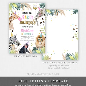May include: A printable party invitation featuring a jungle theme with a colorful background and illustrations of animals including a giraffe, zebra, lion, monkey, and elephant. The text on the invitation reads "Calling all party animals, swing on over! Maddison is turning 3".