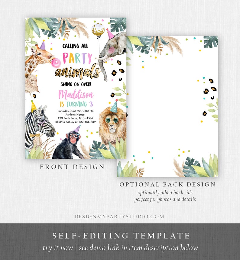 May include: A printable party invitation featuring a jungle theme with a colorful background and illustrations of animals including a giraffe, zebra, lion, monkey, and elephant. The text on the invitation reads "Calling all party animals, swing on over! Maddison is turning 3".