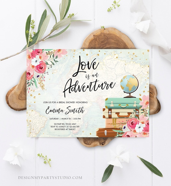 Editable Love is an Adventure Bridal Shower Invitation Miss to Mrs Travel Gold Confetti Pink Floral Suitcases Download Corjl Template 0030 Il_570xn