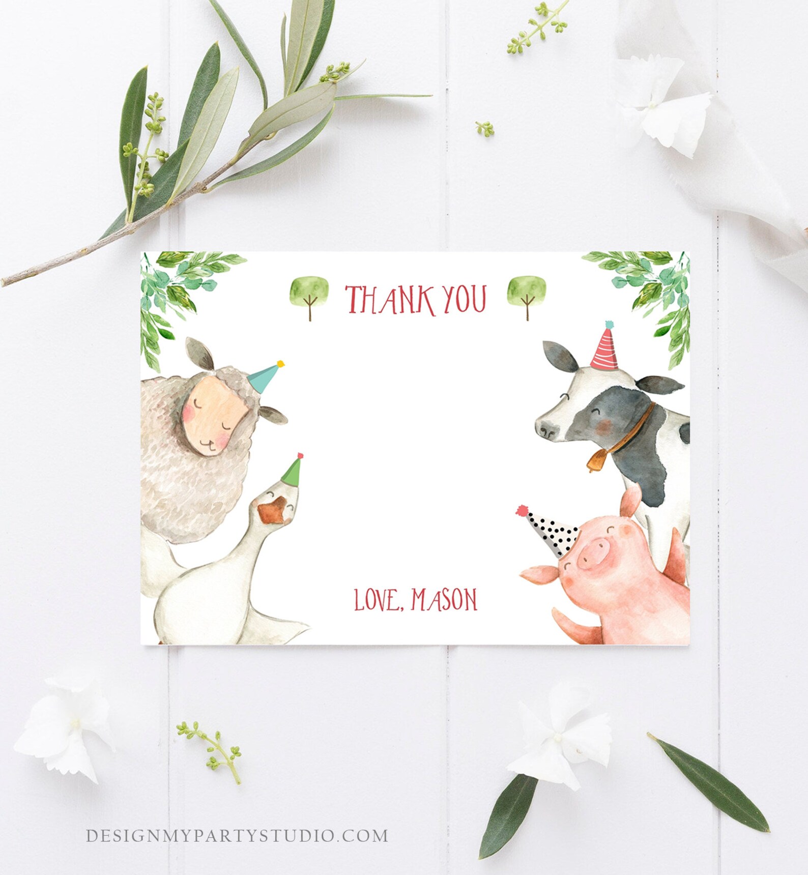 Editable Farm Animals Thank You Card Red Gingham Farm Birthday Boy ...