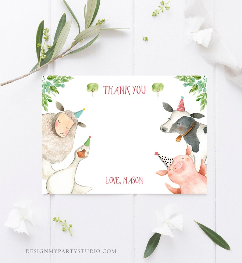 Editable Farm Animals Thank You Card Red Gingham Farm Birthday Boy ...