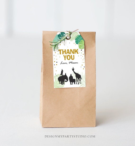 Editable Safari Animals Favor Tag Thank You Tags Wild One Wild Animals Jungle Zoo Download Black Gold Leaves Corjl Template Printable 0068 Il_570xn