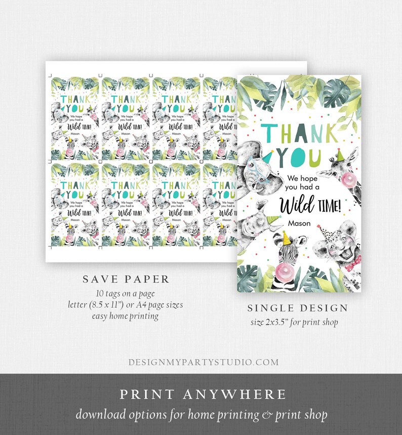 May include: A set of printable thank you cards with a jungle animal theme. The cards feature illustrations of a rhino, zebra, lion, and giraffe. The text reads "Thank You" and "We hope you had a Wild Time!"