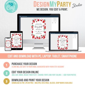 Peut inclure: Une maquette num&eacute;rique d'une invitation imprimable pour un premier anniversaire. L'invitation pr&eacute;sente une illustration aquarelle de fraises et le texte "Madeline's Berry First Birthday". L'image montre un &eacute;cran d'ordinateur, un ordinateur portable et un smartphone, tous affichant l'invitation. Le texte "DesignMyParty Studio" est en haut de l'image.